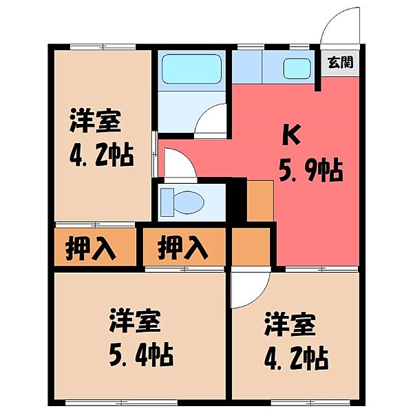 栃木県宇都宮市平松本町(賃貸アパート3K・1階・42.36㎡)の写真 その2