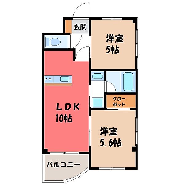 栃木県宇都宮市川田町(賃貸マンション2LDK・3階・43.74㎡)の写真 その2