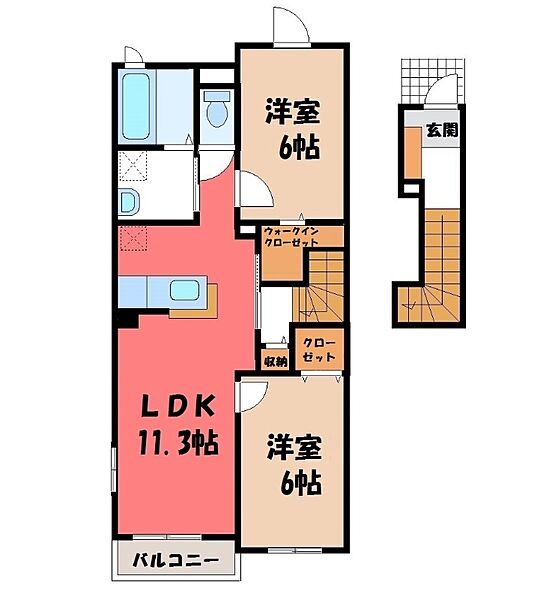 栃木県栃木市薗部町3丁目(賃貸アパート2LDK・2階・58.21㎡)の写真 その2