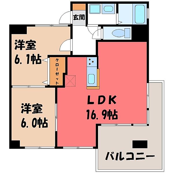 栃木県宇都宮市竹林町(賃貸マンション2LDK・2階・61.30㎡)の写真 その2