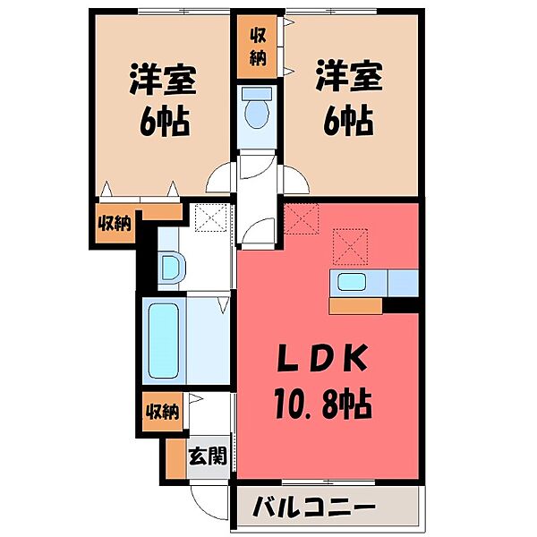 栃木県小山市若木町2丁目(賃貸アパート2LDK・1階・53.75㎡)の写真 その2