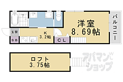 京都地下鉄東西線 小野駅 徒歩8分の賃貸アパート 2階1Kの間取り