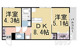 グリーンティエラ宇治 3階2DKの間取り