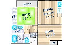 エアロプレーントラッドニュー 2DKの間取図画像