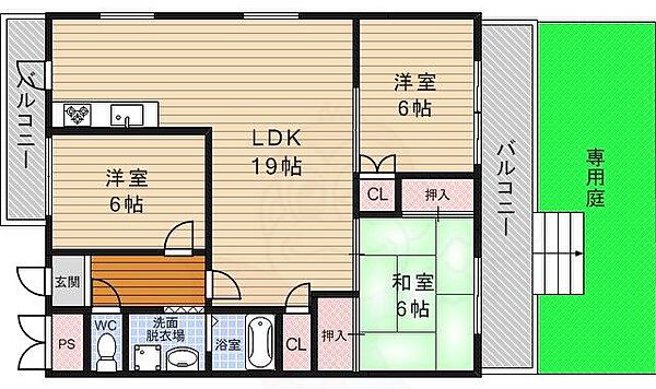 エスポワール新稲 ｜大阪府箕面市新稲４丁目(賃貸マンション3LDK・2階・77.00㎡)の写真 その2