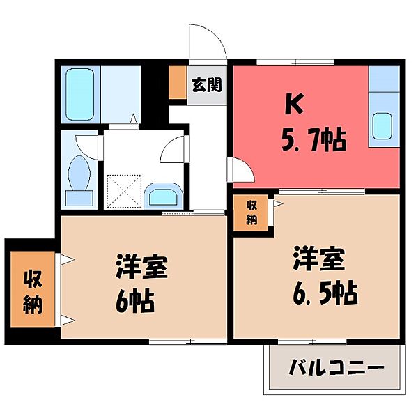 プロムナード 伍番館 ｜栃木県宇都宮市宮の内1丁目(賃貸アパート2K・1階・43.71㎡)の写真 その2