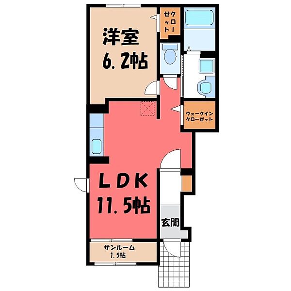 エアリー ブリーズ B ｜栃木県下野市石橋(賃貸アパート1LDK・1階・43.61㎡)の写真 その2