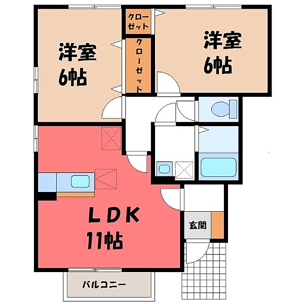 プロムナードさくら D ｜栃木県真岡市荒町2丁目(賃貸アパート2LDK・1階・52.84㎡)の写真 その2