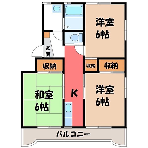 赤羽ハイツ 2号棟 ｜栃木県宇都宮市今泉町(賃貸マンション3K・1階・56.43㎡)の写真 その2