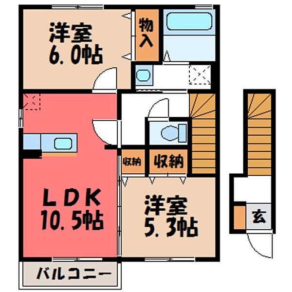 ハーベスト・ガーデン B ｜栃木県宇都宮市御幸町(賃貸アパート2LDK・2階・57.80㎡)の写真 その2