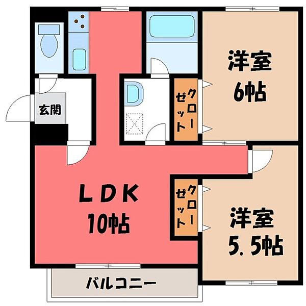 すずらんV ｜栃木県宇都宮市簗瀬町(賃貸マンション2LDK・1階・51.84㎡)の写真 その2