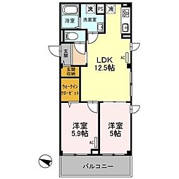 クレリアス若葉 2LDKの間取図画像