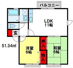 ティアラ渡辺 1階2LDKの間取り