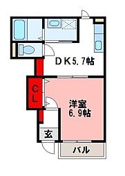ヴィラセントラル二日市 1DKの間取図画像