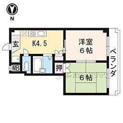 京都市営烏丸線 北大路駅 徒歩20分の賃貸マンション 3階2Kの間取り