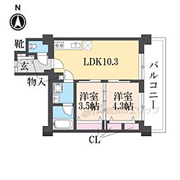 アーバネックス御所南 2DKの間取図画像