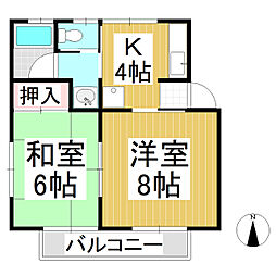 やまかみハイツ 2階2Kの間取り