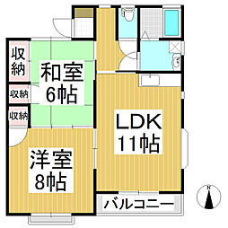 高和ハイツ1 2階2LDKの間取り