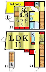 カシェット 3階1LDKの間取り