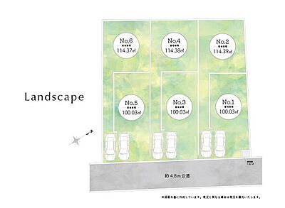 区画図：全6区画、東道路に隣接し、敷地面積は全て30坪以上の穏やかな住環境！生活施設が徒歩圏に備わった土地で理想のお住まいをご提供します！