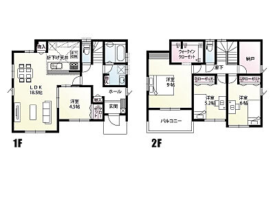 間取り：【館林市尾曳町4区画　1号棟　間取図】　LDK広々18.5帖！全居室南向きの日当たり良好のお家です。お子様のおもちゃ等を収納できる納戸完備！