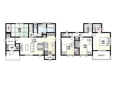 間取り：【2号棟：間取り図】陽当たりの良いリビングは広々17.8帖。和室も6帖とゆったり。土間収納をはじめ、要所に物入も設置いたしました。キッチン横のカウンターも有効活用できますね。