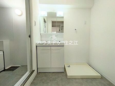 大きな三面鏡付きの洗面台です。たっぷりの収納を設けたシャワー付です