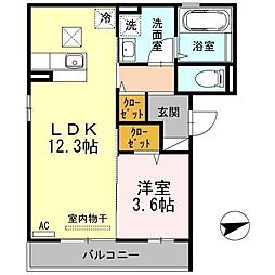 ソレイユ南手城 1階1LDKの間取り