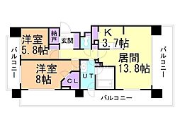 グレイスコート円山公園 2LDKの間取図画像