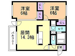 リアレーヴ北桑園 2LDKの間取図画像