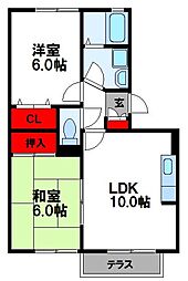 ボヌール新宮 B棟 2階2LDKの間取り