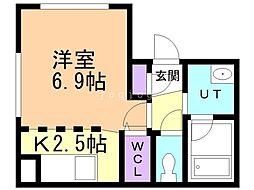 札幌市営東西線 ひばりが丘駅 徒歩4分の賃貸マンション 2階1Kの間取り