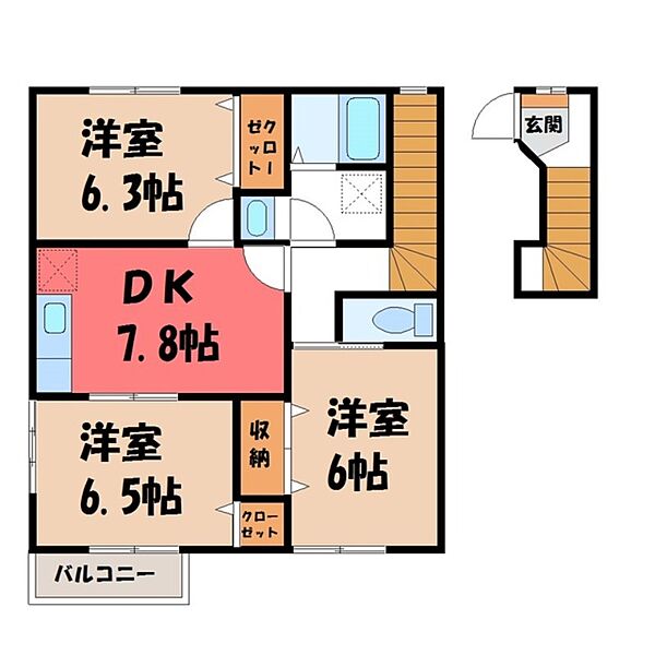 グランパルク カナメ 壱番館 ｜栃木県宇都宮市中岡本町(賃貸アパート3DK・2階・65.07㎡)の写真 その2