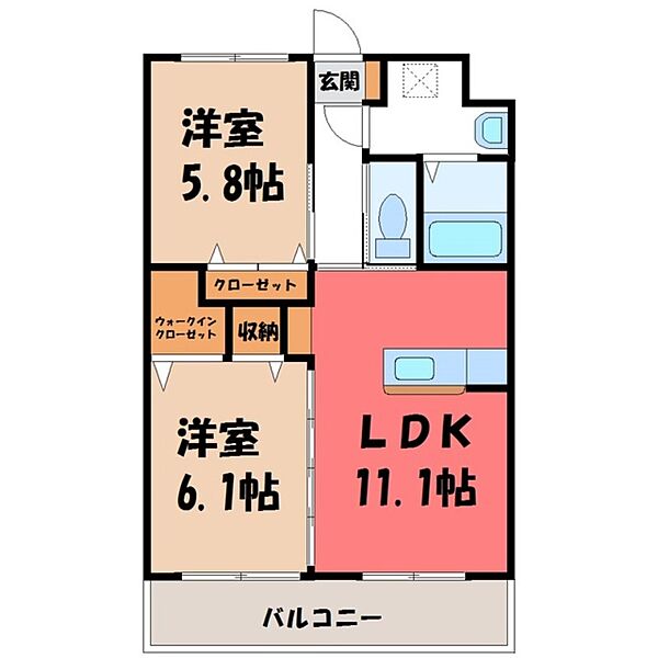 栃木県宇都宮市西原町(賃貸マンション2LDK・3階・54.00㎡)の写真 その2