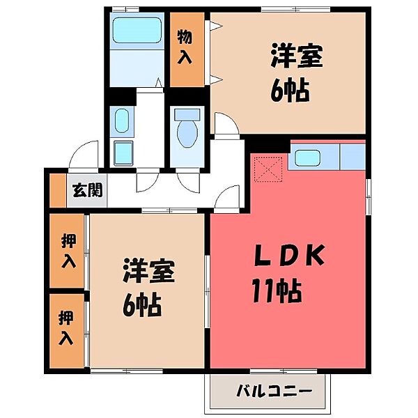 栃木県宇都宮市川田町(賃貸アパート2LDK・2階・55.44㎡)の写真 その2