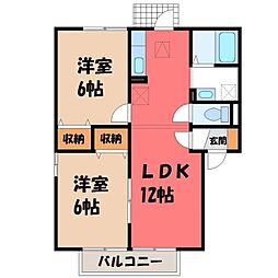 JR東北本線 石橋駅 4.3kmの賃貸アパート 1階2LDKの間取り