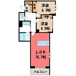 JR東北本線 自治医大駅 徒歩11分の賃貸マンション 3階2LDKの間取り