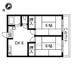 近鉄京都線 大久保駅 徒歩13分の賃貸アパート 2階2DKの間取り