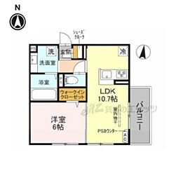 ＧＲＡＭＭ六地蔵Ｂ棟 2階1LDKの間取り