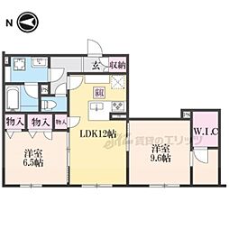 近鉄京都線 大久保駅 徒歩9分の賃貸マンション 1階2LDKの間取り