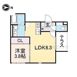 ハーモニーテラス勧修寺平田町II 1階1LDKの間取り