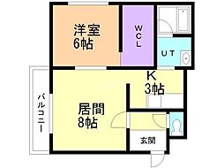 リバーサイド・ラピュタＮサイド 2階1LDKの間取り