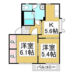 エーデルワイス　Ｂ棟 2階2Kの間取り