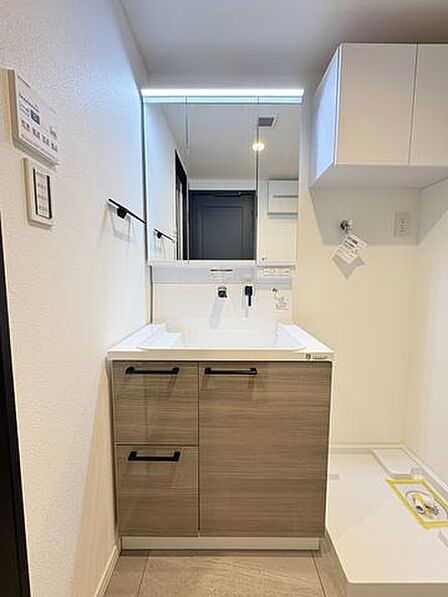 細かなものが多くて雑になりがちなサニタリー。そんな悩みを解決してくれる収納スペースが設けられた洗面化粧台。