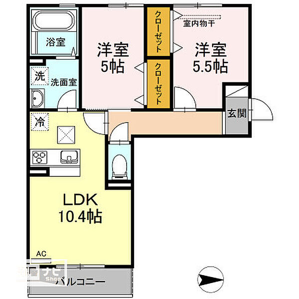 セカンドコートB棟 203｜岡山県岡山市北区今保(賃貸アパート2LDK・2階・52.23㎡)の写真 その2