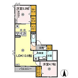 プレミール北長瀬 2LDKの間取図画像