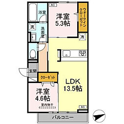 D-residence東手城 203号室 2階2LDKの間取り