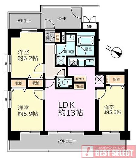 ■6階建て2階部分の南西向き3方角住戸で陽当り&通風良好■専有面積:66.58m2の3LDK