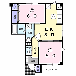 プラシードカーサ 1階2DKの間取り