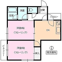 ハイツウィング金子 3階2DKの間取り